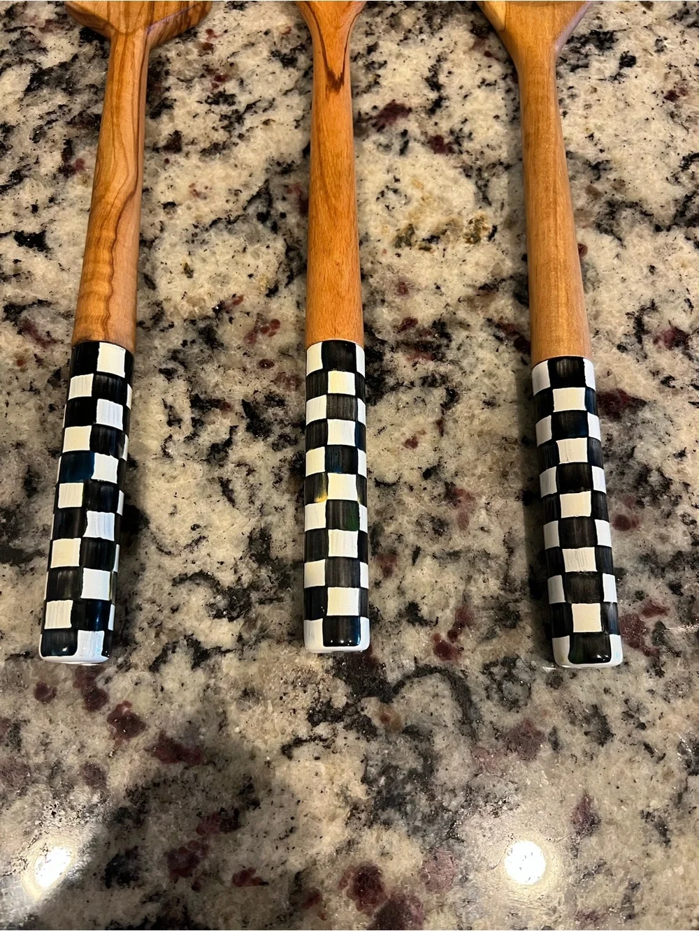 Mackenzie-Childs Courtly Check Olive Wood Utensils. Set of 3.  One w/ flaw.
